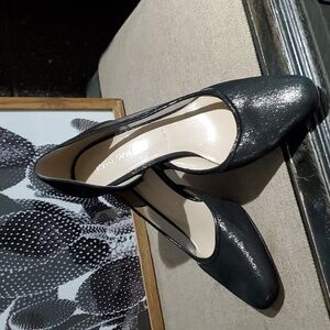 RON WHITE BLACK SHIMMER LEATHER CHUNKY BLOCK HEELS SIZE 40 MADE IN ITALY